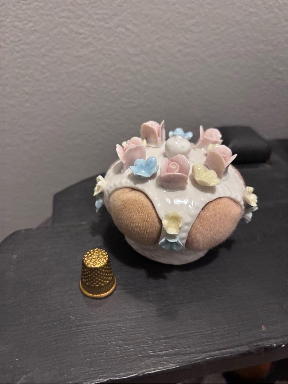 Vintage Ardalt Pink Floral Pin Cushion with Gold Thimble Center